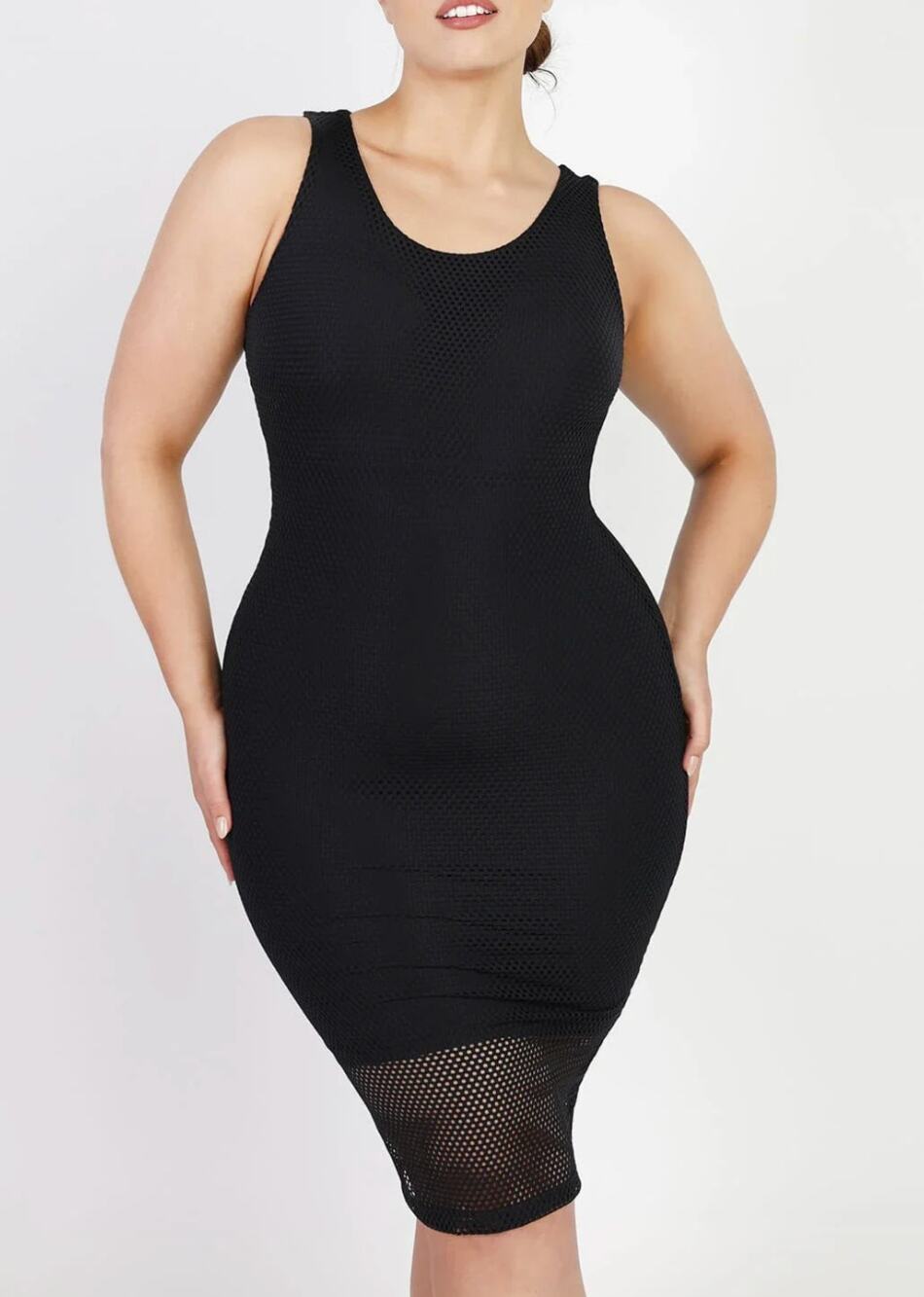Shapellx Black Mesh Layered Midi Shaper Dress L Bodycon Stretch